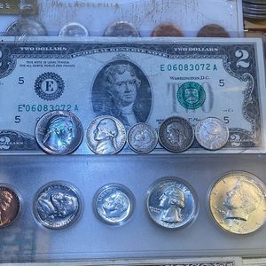 One2 dollar bill series 8 with a 1964 proof set silver also with four